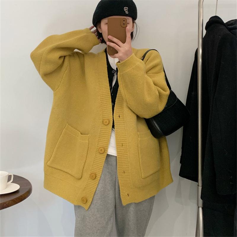 Damen 2024 Herbst/Winter V-Ausschnitt Strickjacke im koreanischen Stil mit großen Taschen - Locker & Figurbetonter Pullover.