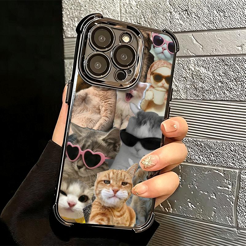 Crying Cats Combine Memes Plating Phone Case For Iphone 16 17 Pro Max Air 16E 14 15 Plus 12 13 Mini Anti-Fall Airabag Cover