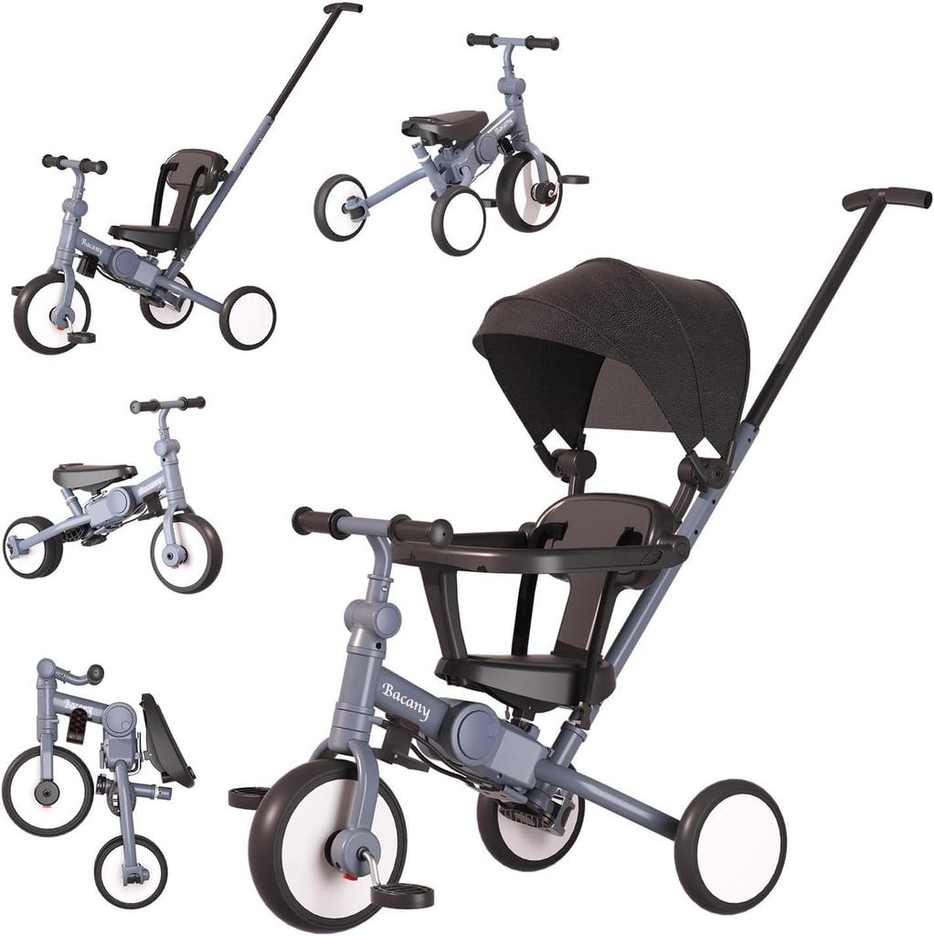 Bacany 7 in 1 Tricycle with Push Years Compact Riding Toddler Kids Celebration Seat Belt Included Children's Tricycle, Steps, Folding, Rod, Stylish,