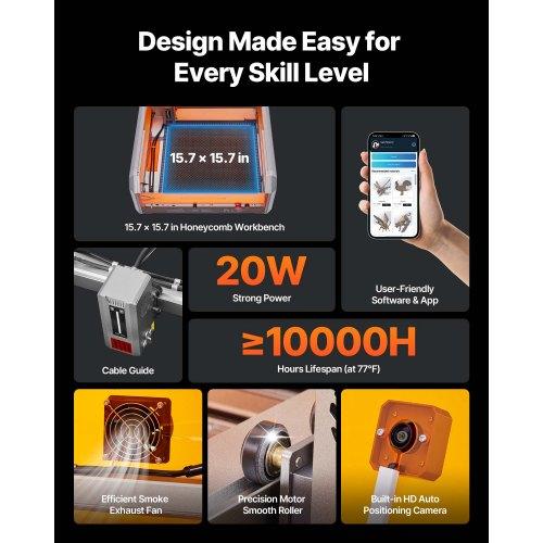 VEVOR Laser Engraver, 20W, Laser Engraving and Cutting Machine with Enclosure Camera, Laser Cutter, 400 X 400 Mm Working Area, 30000 Mm/min, for Wood