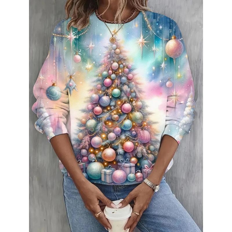Autumn and Winter New Fashion Valentine's Day Christmas Tree Snowman Christmas Printed Plus Size Women's T-shirt