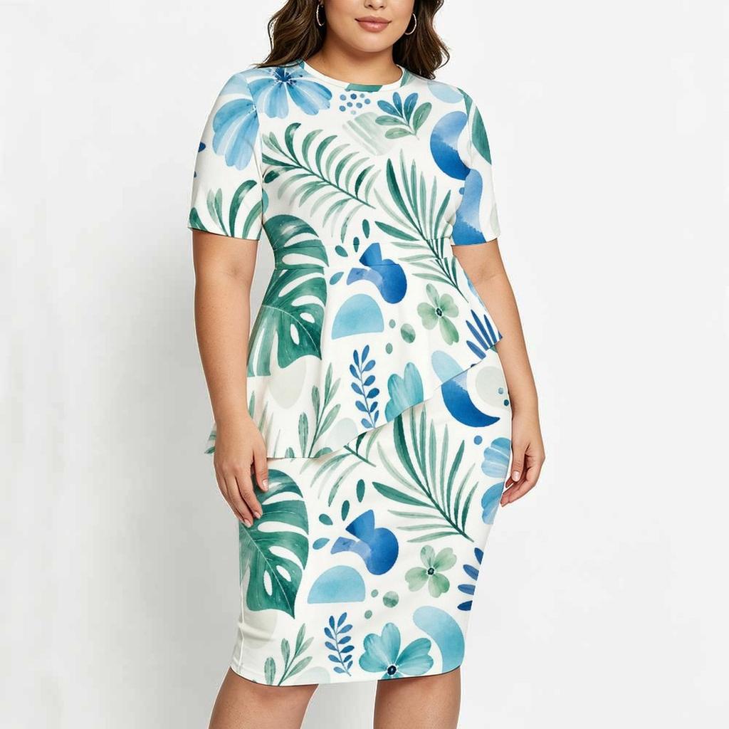 Women Plus Size Tropical Leaf Printed Round Neck Short Sleeve Asymmetric Top Fitted Skirt Two Piece Set