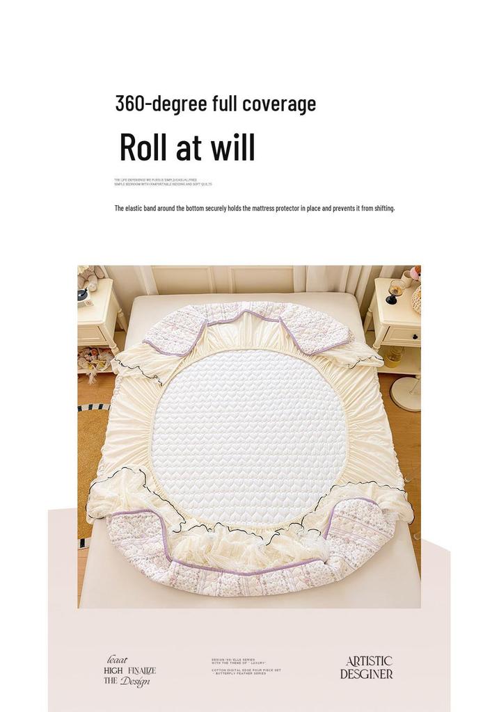 Korean Style Crinkled Gauze Quilted Bed Skirt with Fresh Lace Trim - Non-slip Home Bedding Set