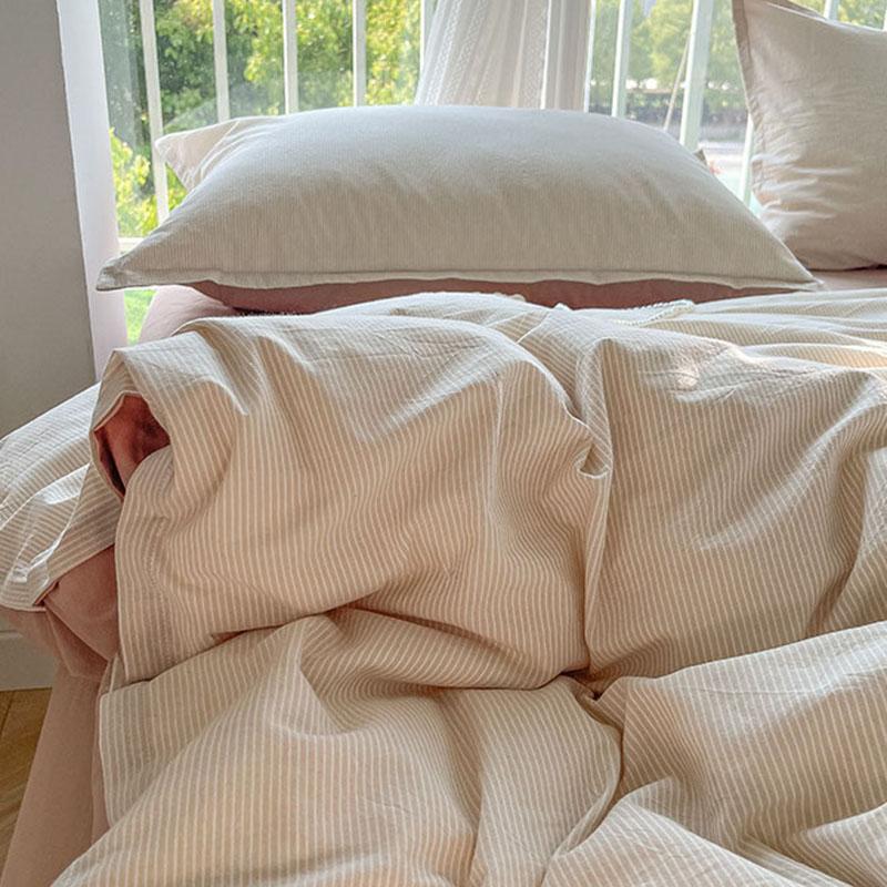 Fine Stripe Printed Bedding Set Washed Skin Friendly Naked Sleeping Comforter Cover Sets Comfortable Breathable Duvet Cover Kit