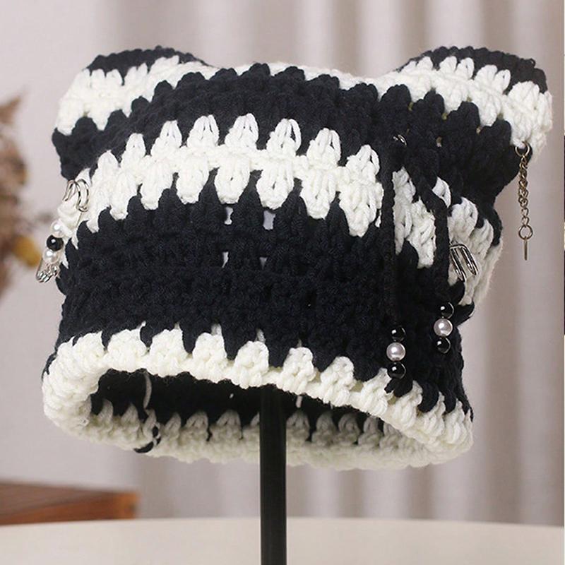 Neutral Hand Crocheted Knitted Pullover Hat with Detachable Metal Pin Tassel Y2K Street Fashion Hip Hop Hollowed Punk Style