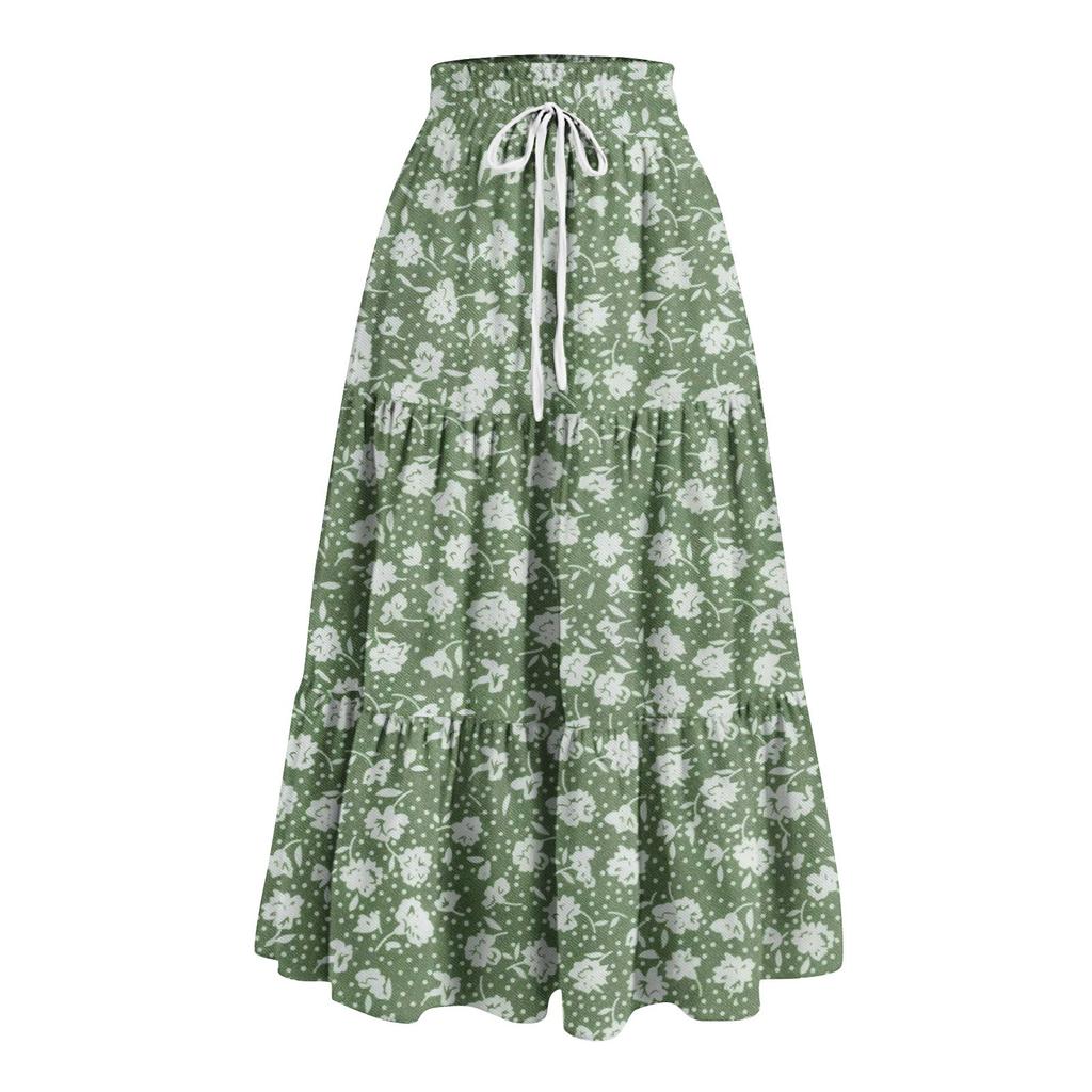 Women's Ruffled Spring Casual Long Skirt Plain Color Skirt Retro Pleated Skirt