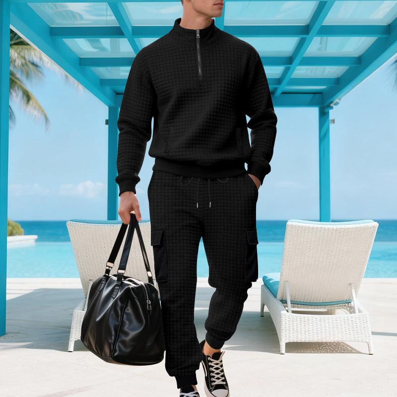 Herbst/Winter Jacquard Karierte Herren Casual Relaxed-Fit Stehkragen Arbeitshose mit Outdoor Hoodie Set