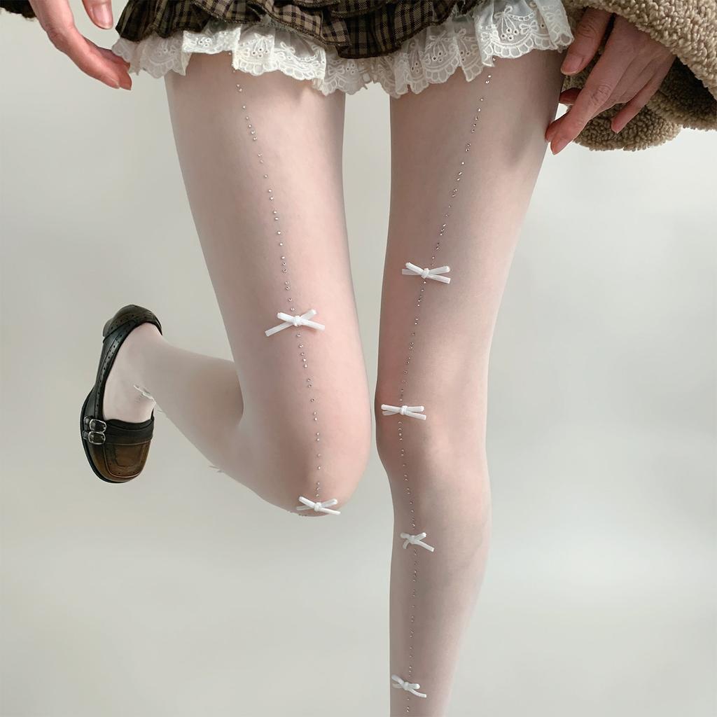 Flash Diamond Bow Stockings Women'S Anti-Hook Pantyhose Spring And Summer Ultra-Thin High-Transparency Skin Socks Lolita Hot Diamond White Silk