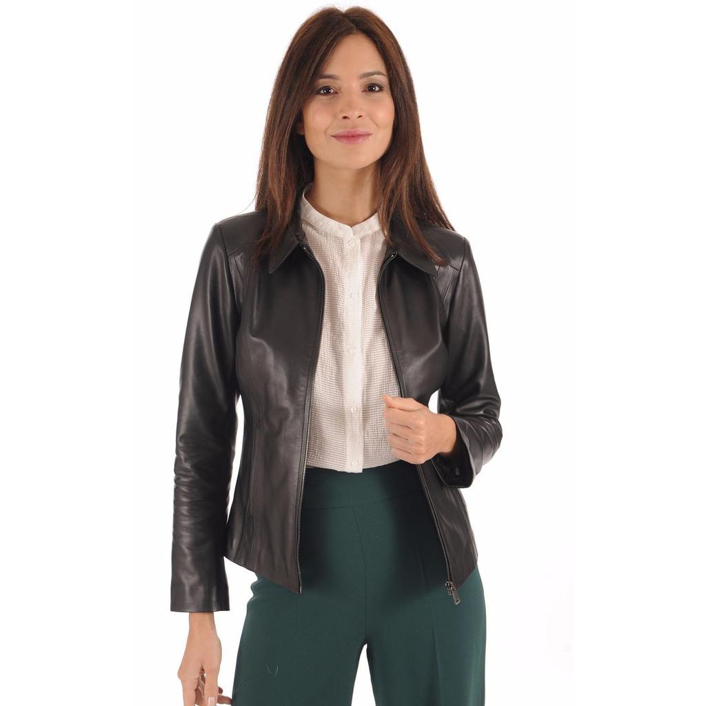 SKINOUTFIT Dame svart skinnjakke ekte lammeskinn med glidelås motorsykkel bikerjakke frakk