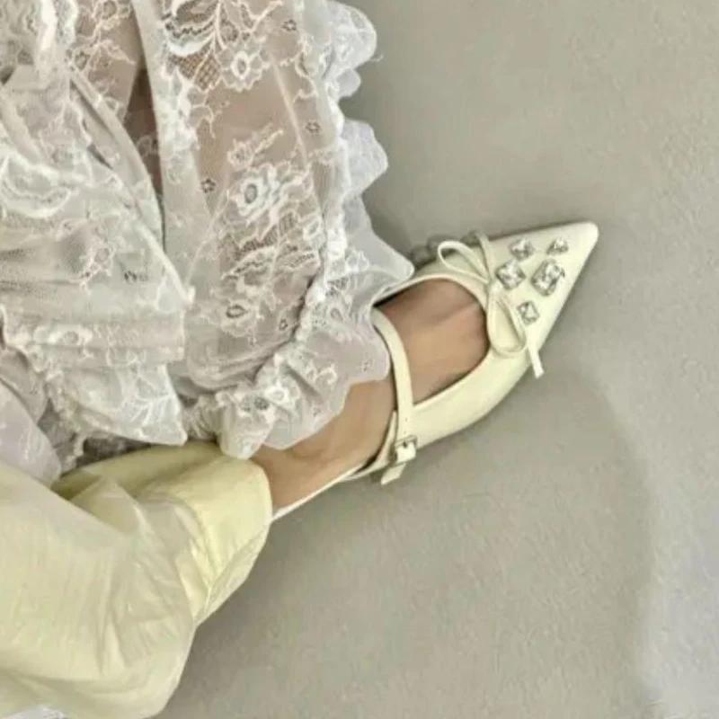 Luxury Crystal Women Flats Slippers Bow Pointed Toe Elegant Mules Shoes 2025 Summer Fashion Flip Flops Slides Sandalias Mujer