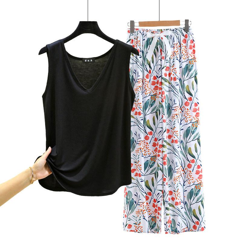 Lockere Modal-Pyjama-Sets Sommer V-Ausschnitt Tanktop und Florale Weite Hosen Lässiger Hausanzug ärmellos Loungewear Übergröße