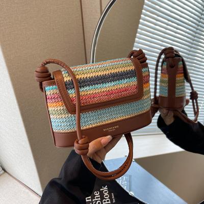 Neuer böhmischer Stil Gras gewebt Bunter PU-Griff Mode Freizeit Urlaub Einkaufen Pendler Business