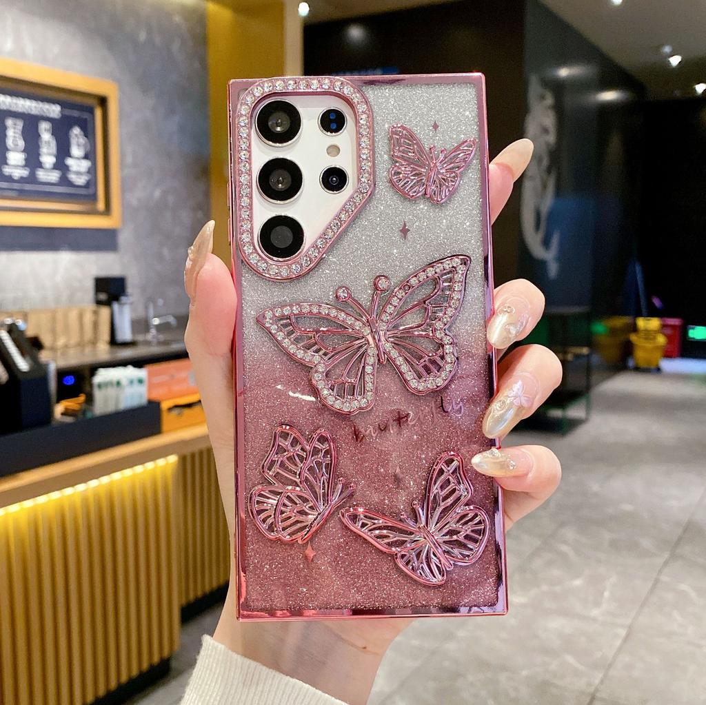 Suitable for Samsung S25 Ultra Mobile Phone Case Electroplated Flash Powder Rhinestone Butterfly S24 Anti Fall A26 Anti Fall Soft Case