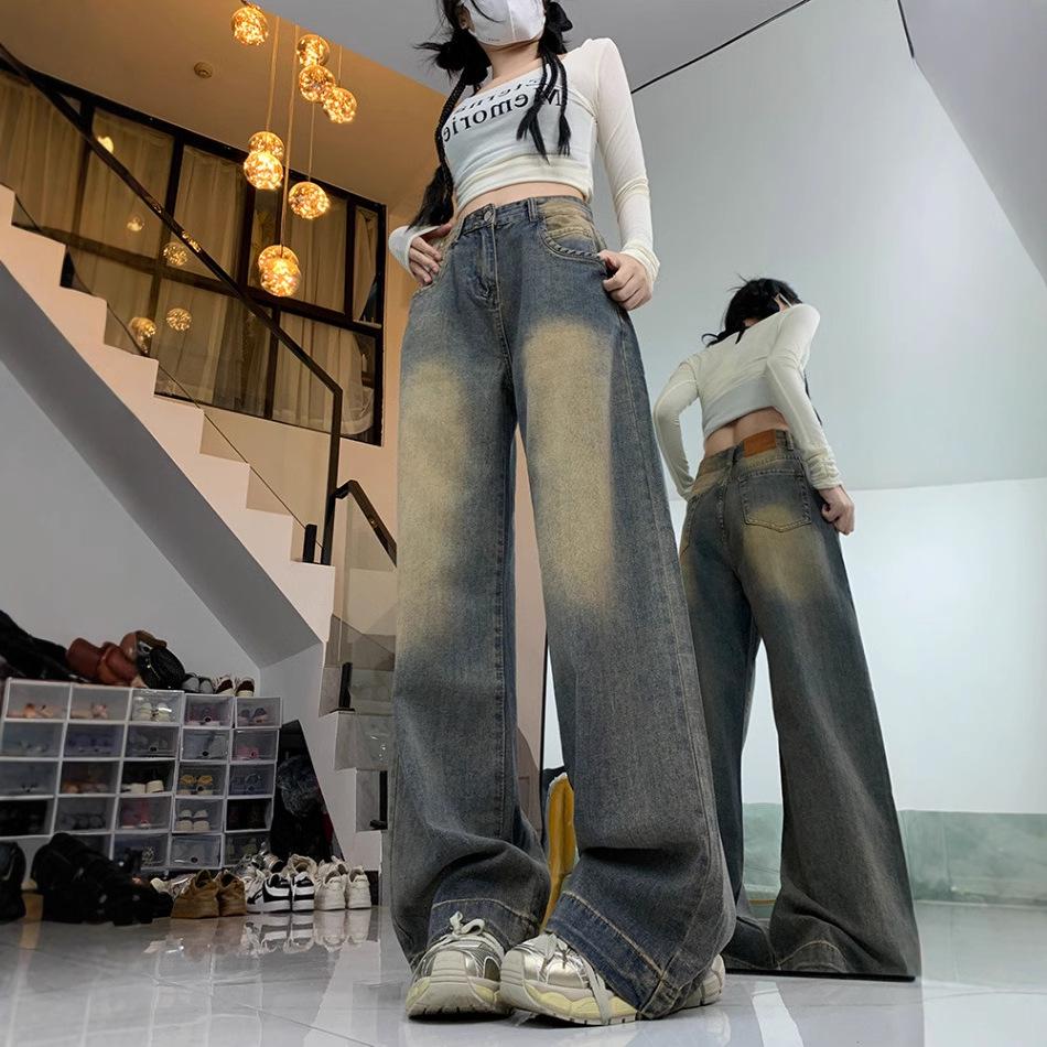 American Vintage Women's Wide Leg Jeans - Autumn 2025 Plus Size, High Waist, Floor-Length Draping Pants.