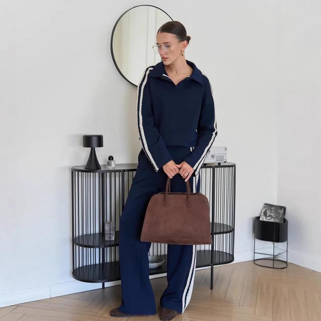 Completo casual da donna con bordi in pizzo, colletto ripiegabile, maniche lunghe e pantaloni per Primavera/Autunno