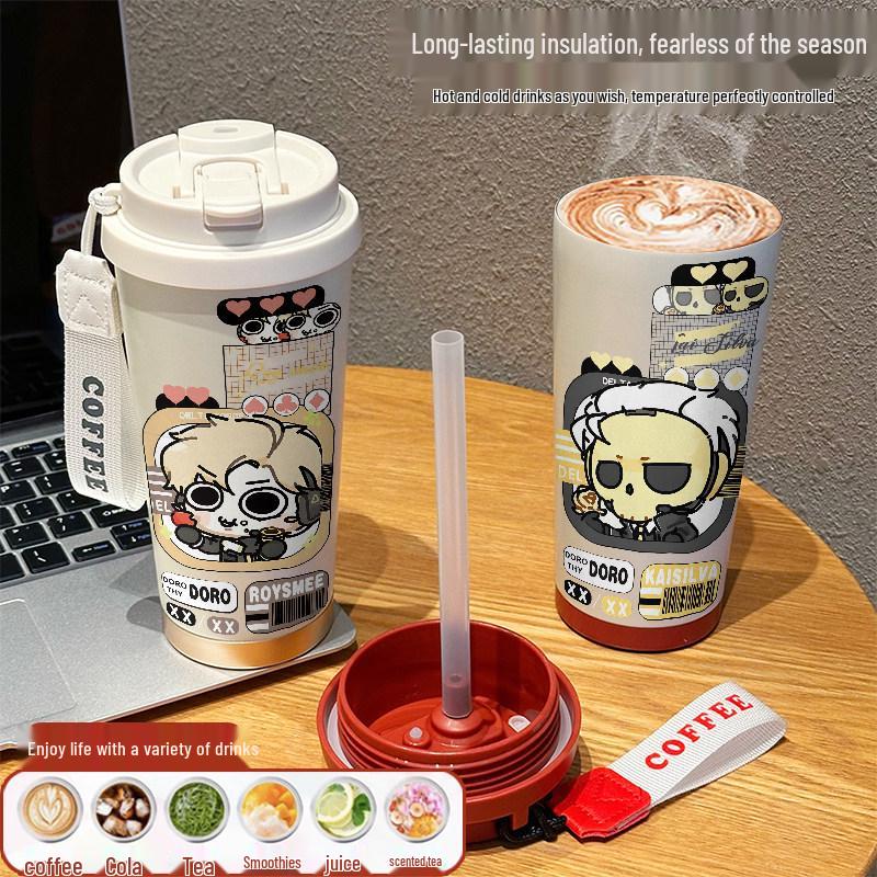 316 Stainless Steel Insulated Cup with Shan Hai Jing, Sanrio, Stitch, and Pikachu Patterns, Straw Included.