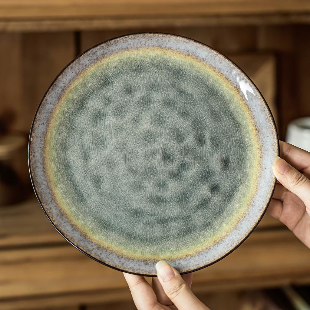 Retro Ice Crack Glaze Plate Ceramic Plate Characteristic High Value Dish Plate Household Round Salad Plate Breakfast Plate Tableware