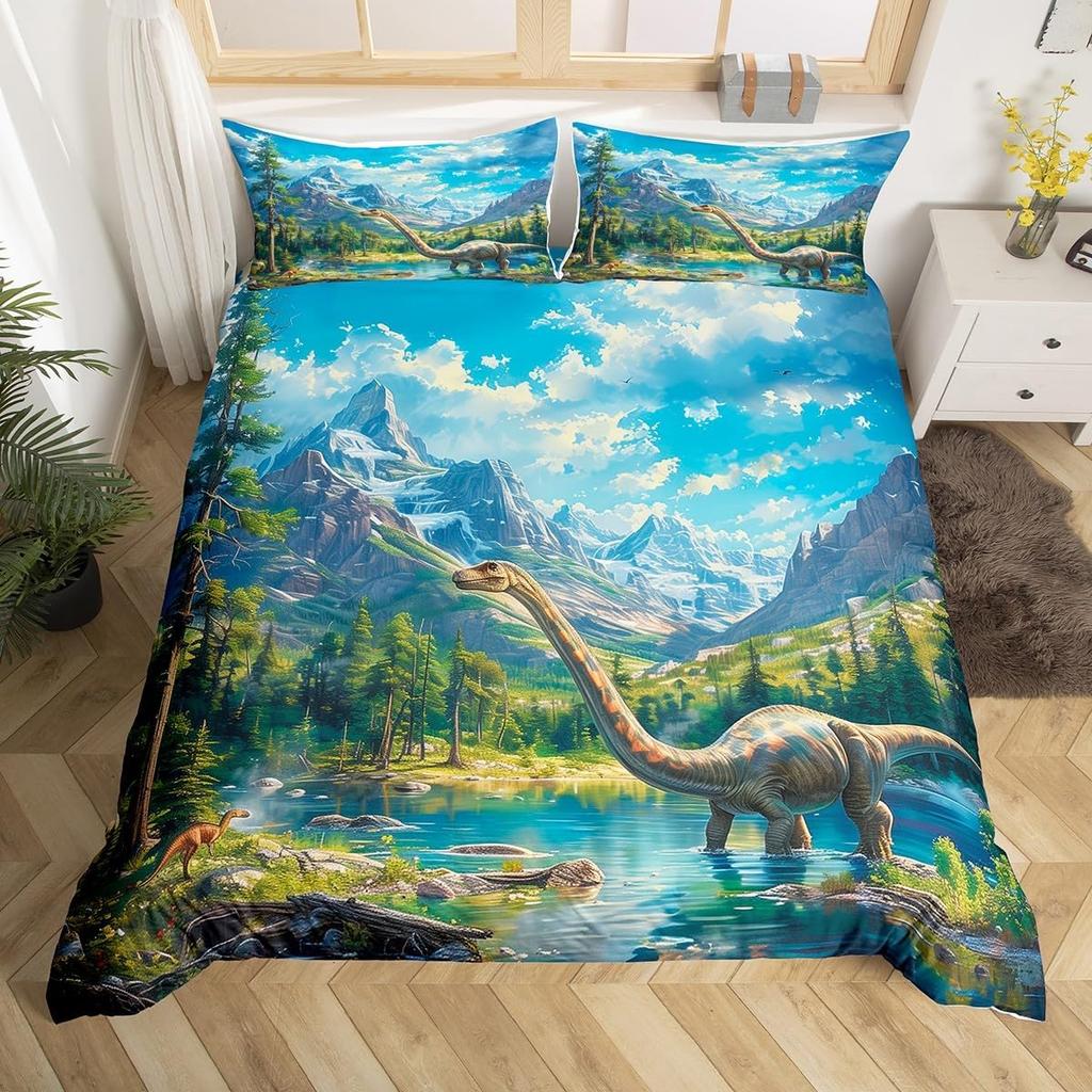 Kids Dinosaur Duvet Cover Twin Queen Bedding Set for Boys Teen Cartoon Jungle Dino Comforter Cover,3D Ancient Animal Quilt Cover