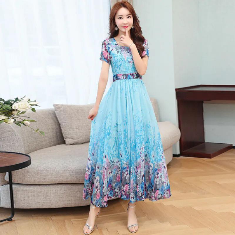 Women's Round Neck Short Sleeve A Line Midi Dress Mid Rise Elegant Floral Print Chiffon Beach Party Maxi Dress