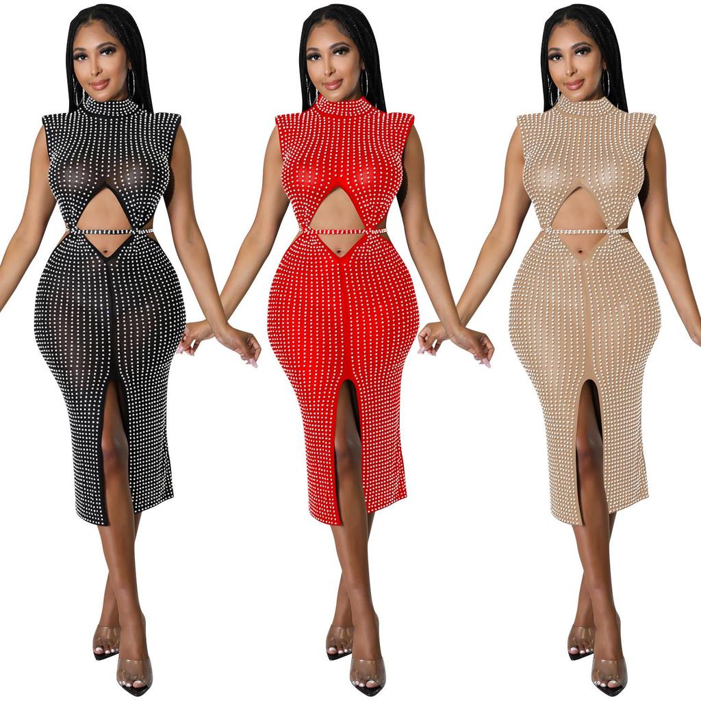 Damen Sexy Netz Durchsichtig Heißer Strass Hohl Schlitz Kleid C5796