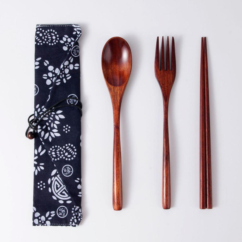 Japanese Wooden Portable Tableware Set: Long-Handled Spoon, Fork, and Chopsticks - Korean Style Three-Piece Set for Outdoor Use.