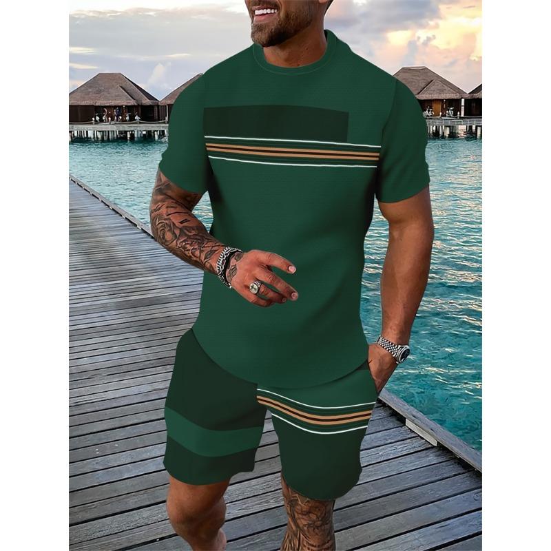 Summer Bestseller T-Shirt Set Color-Block Striped Short-Sleeve T-Shirt & Shorts Set Casual Outdoor Running Fitness Set
