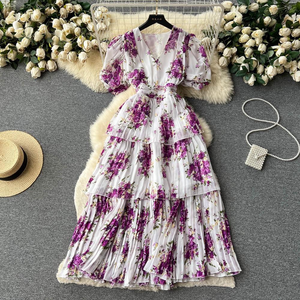 French temperament collar bubble sleeve printed dress women's summer new women's clothing high-end pleated