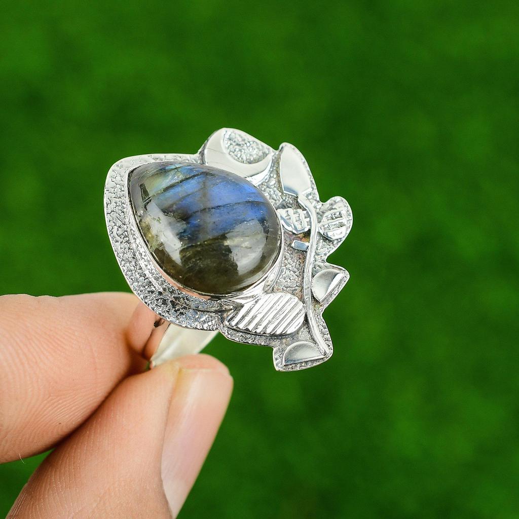 Pear Labradorite Stone Solitaire Cescent Moon Ring Jewelry 925 Sterling Silver
