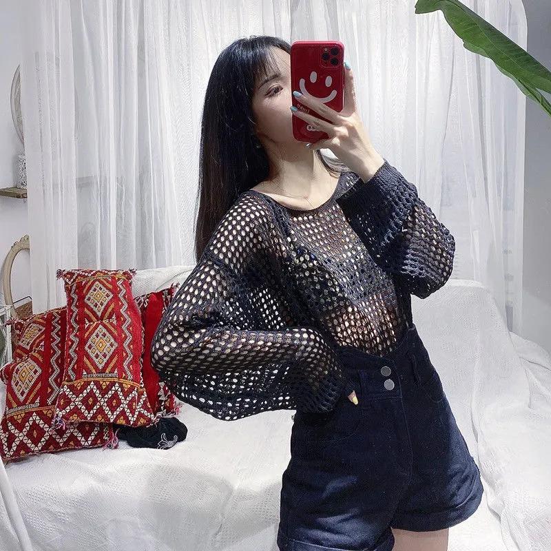 Plus Size Hollow Sweater Women's Black Fishnet Yarn Top Sweater Women's Loose Pullover Knitting
