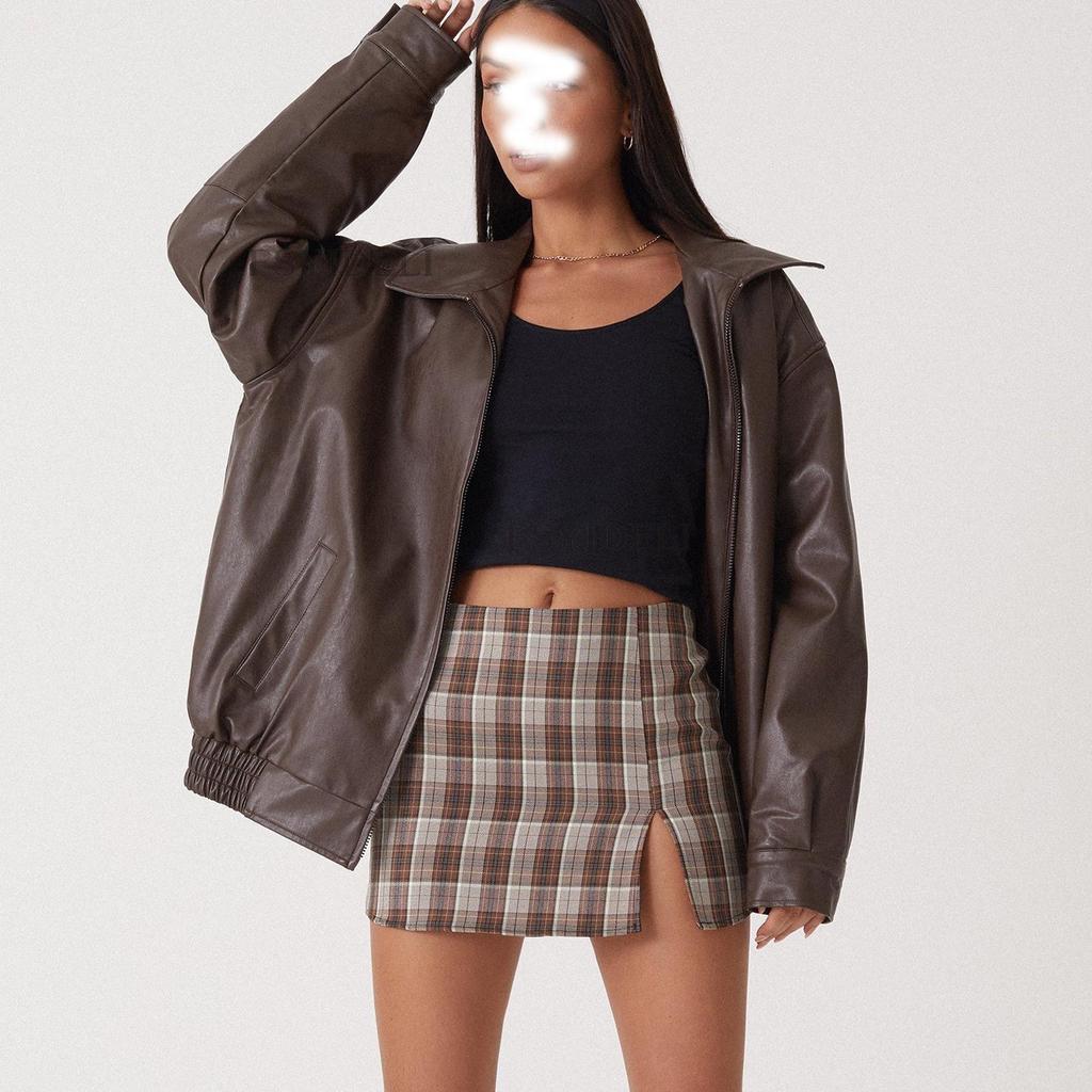 Brown Faux Leather Zip Up Biker Jacket for Women