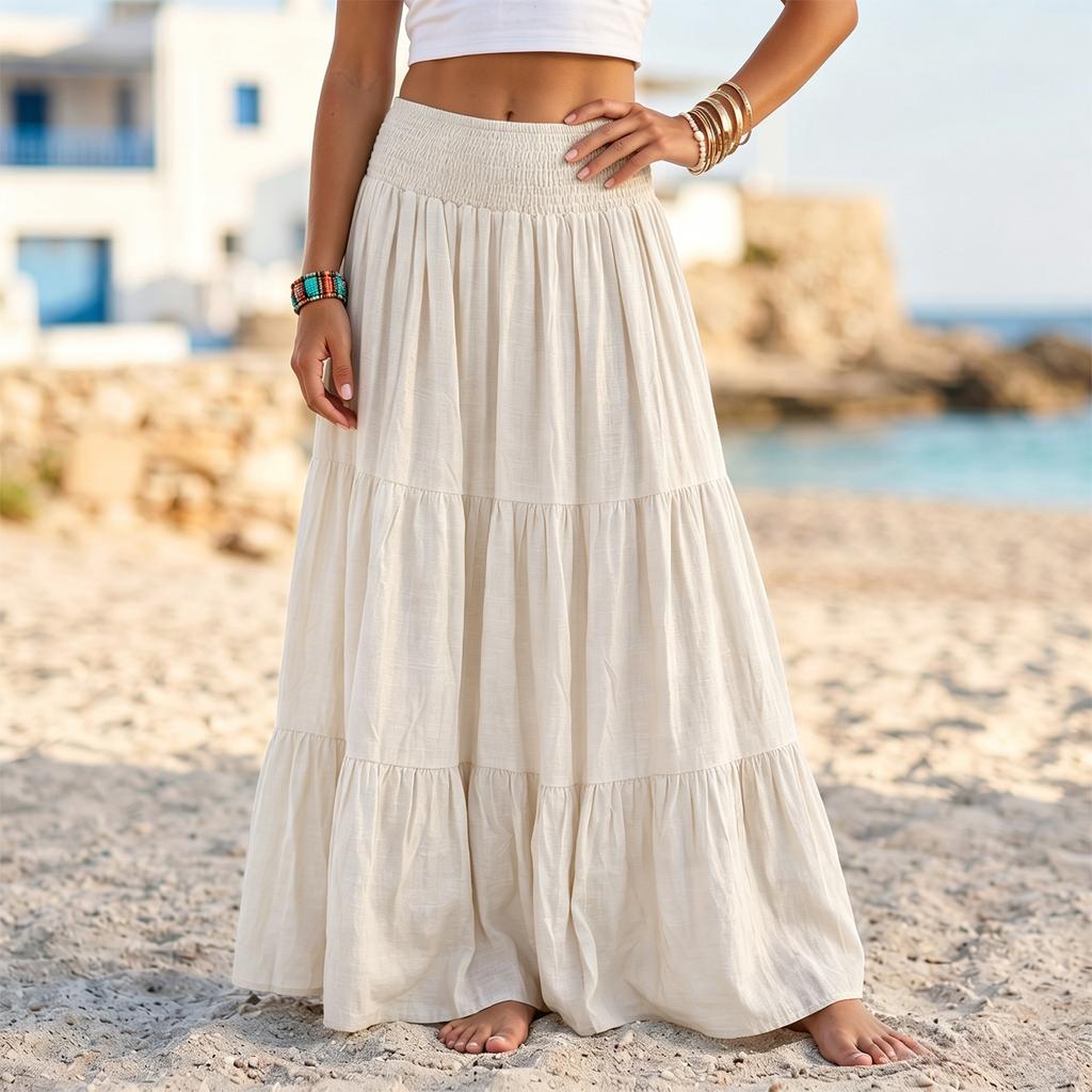 Women's High Waist Cotton Linen Beach Skirt - Color Patchwork Midi Skirt for Summer