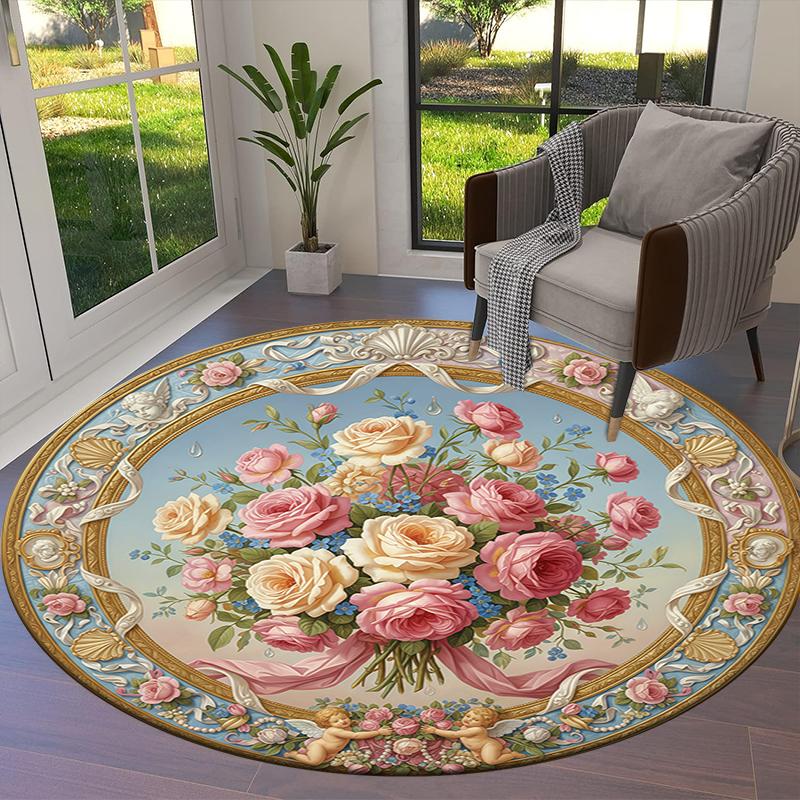 Vintage Rose Runder Teppich, Teppich für Wohnzimmer Schlafzimmer Sofa Spielzimmer Dekor, Rutschfeste Bodenmatte109