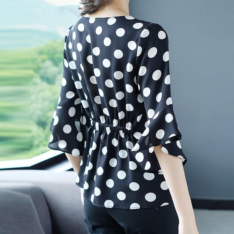 Spring and Autumn Ladies Chiffon Shirt Polka Dot Cover Belly Summer Ruffled Waist Blouse Western Style Small Shirt