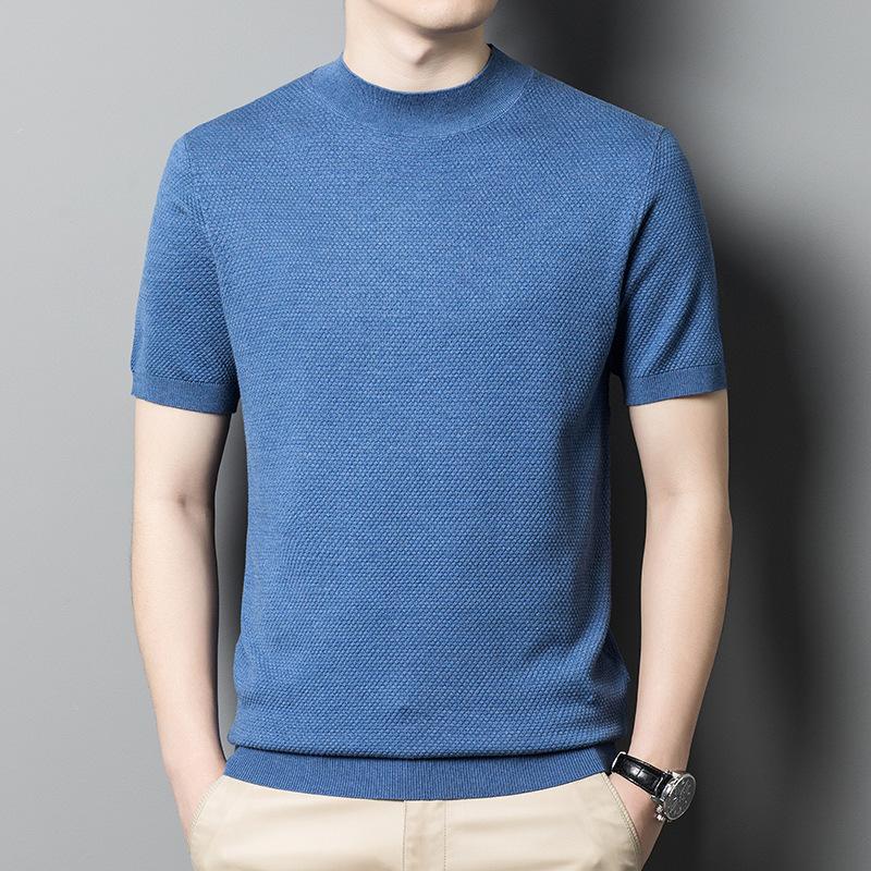 Men's Semi-turtleneck Short-sleeved Sweater Solid Color Casual Knitwear Trend Middle-aged Thin Woolen Pullover Base