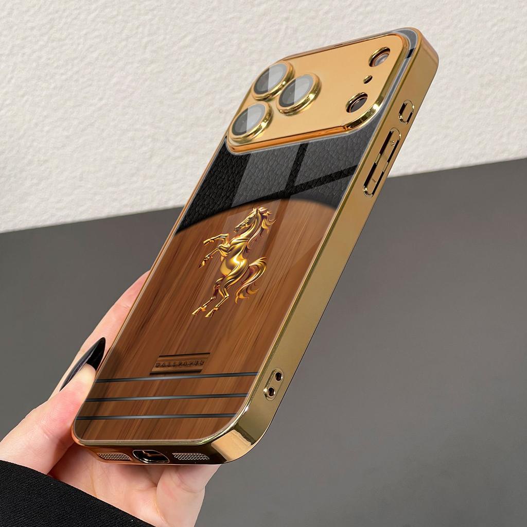 Gold Horse Wood-grain Background Pattern Electroplated Glass Phone Case, Suitable for iPhone 17/16/15/14/13/12/11, Etc.