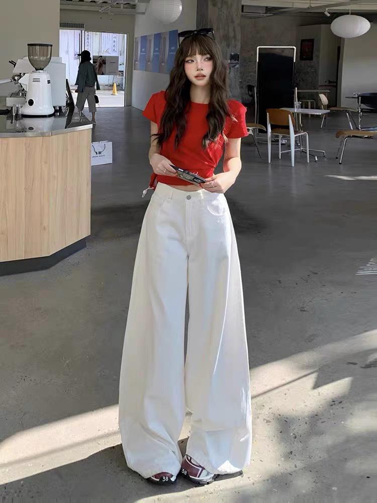 Plus Size High Waist Retro White Wide-Leg Jeans for Women - Summer 2025 Trendy Slimming Floor-Length Pants