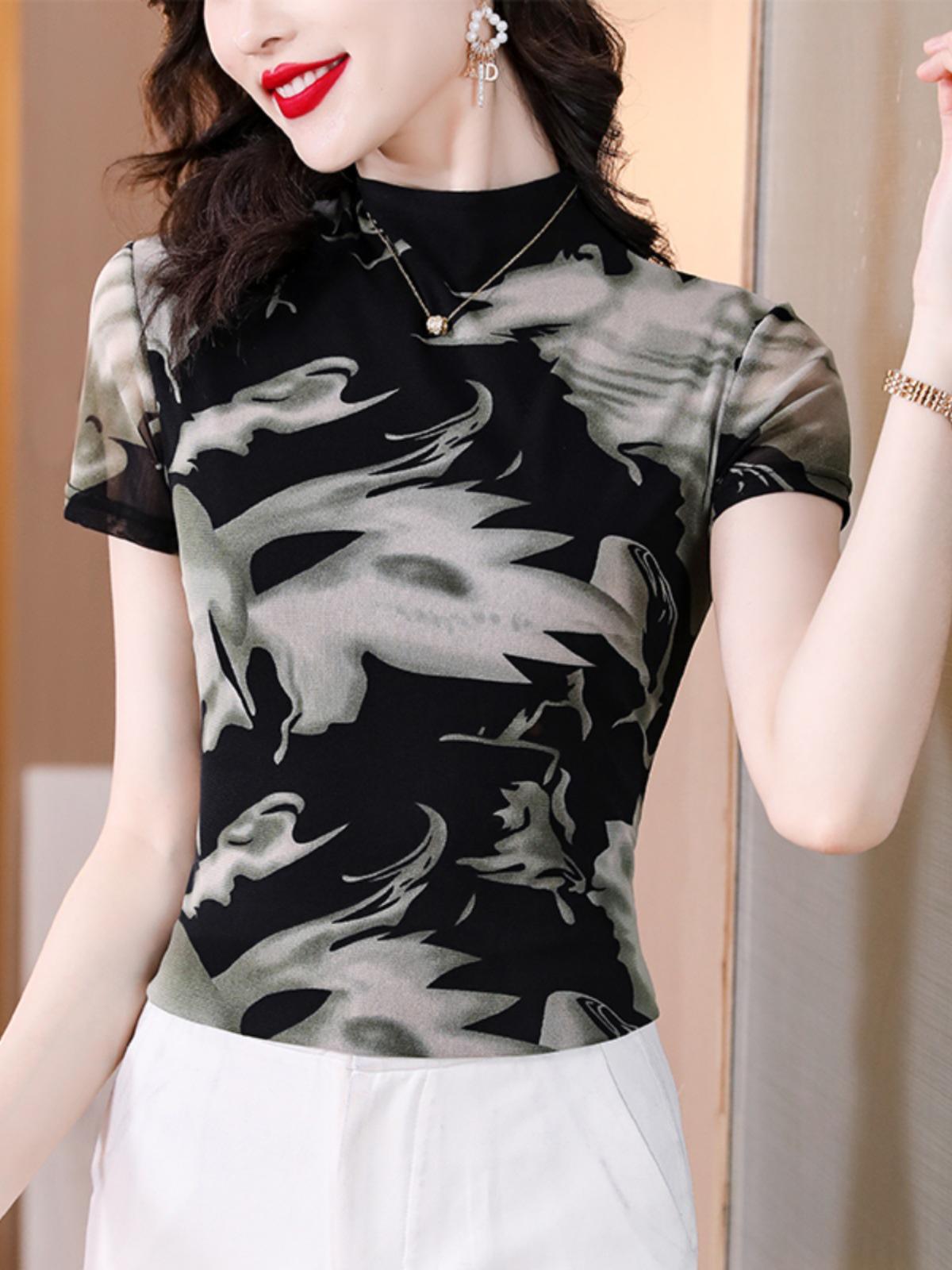 

Женская летняя футболка из сетки с принтом, облегающая, с полувысоким воротом и короткими рукавами - Большой размер, Молодящая, Универсальный модный топ M for 85~100 jin