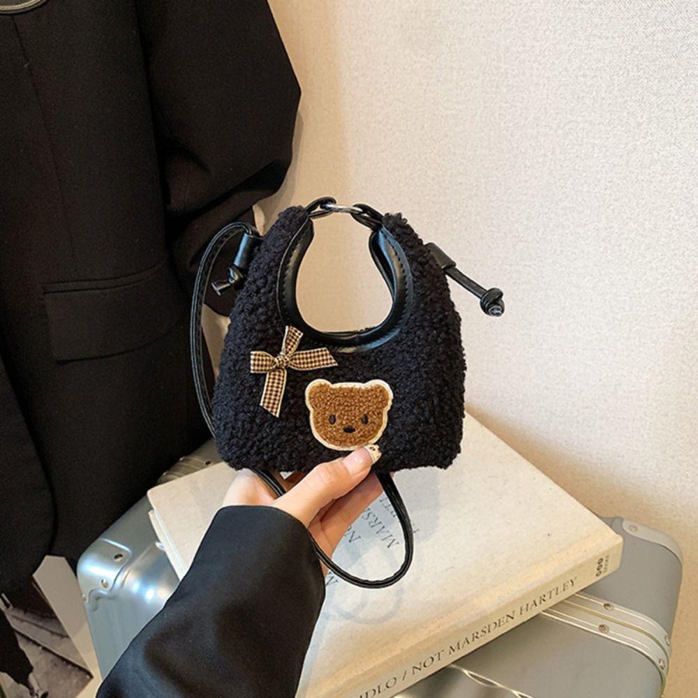 Thickened Cute Crossbody Bag Cartoon Lamb Wool Bear Bow Handbag Shoulder Pouch Purse Mini Shoulder Bag Women