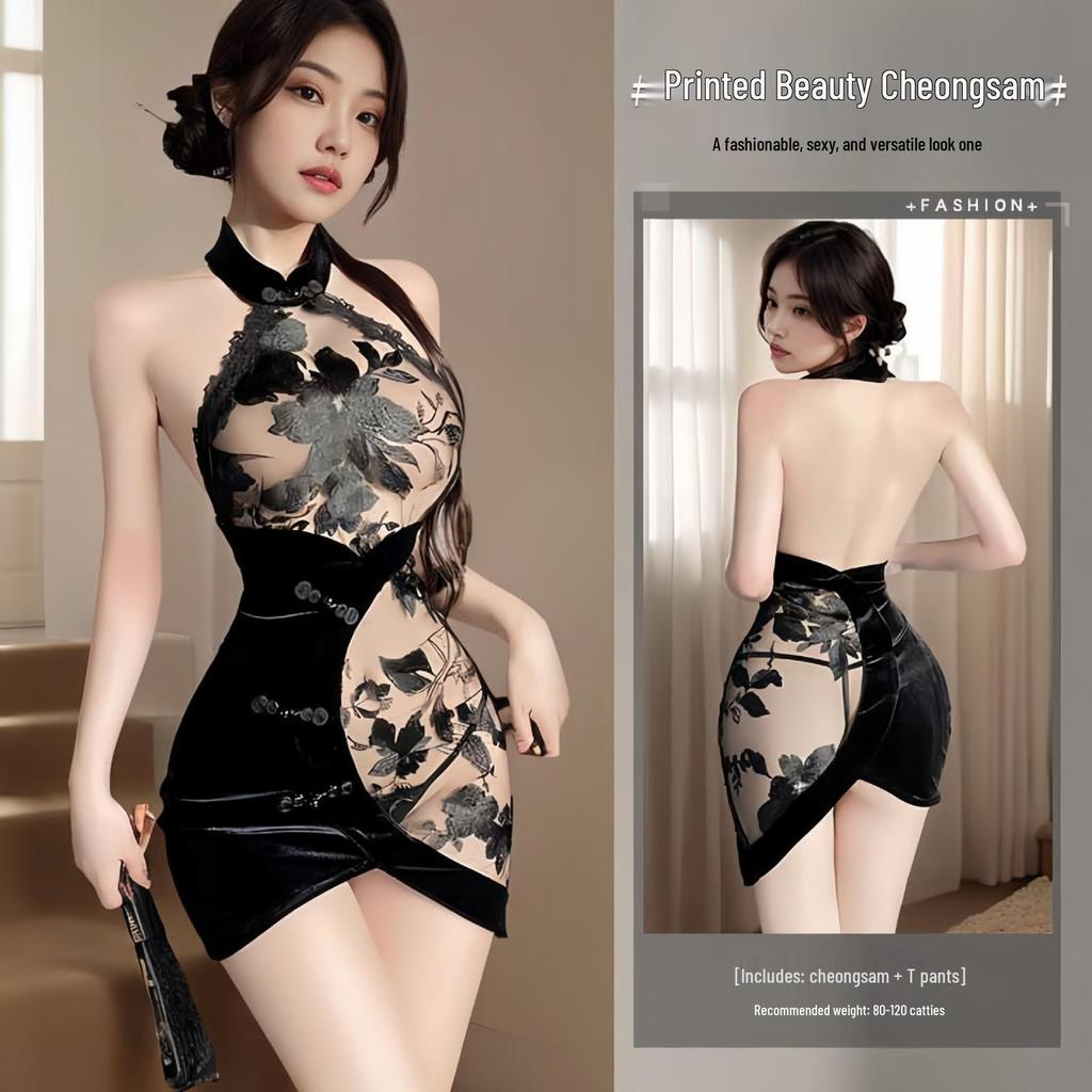 Lace Embroidered Backless Velvet Cheongsam Set