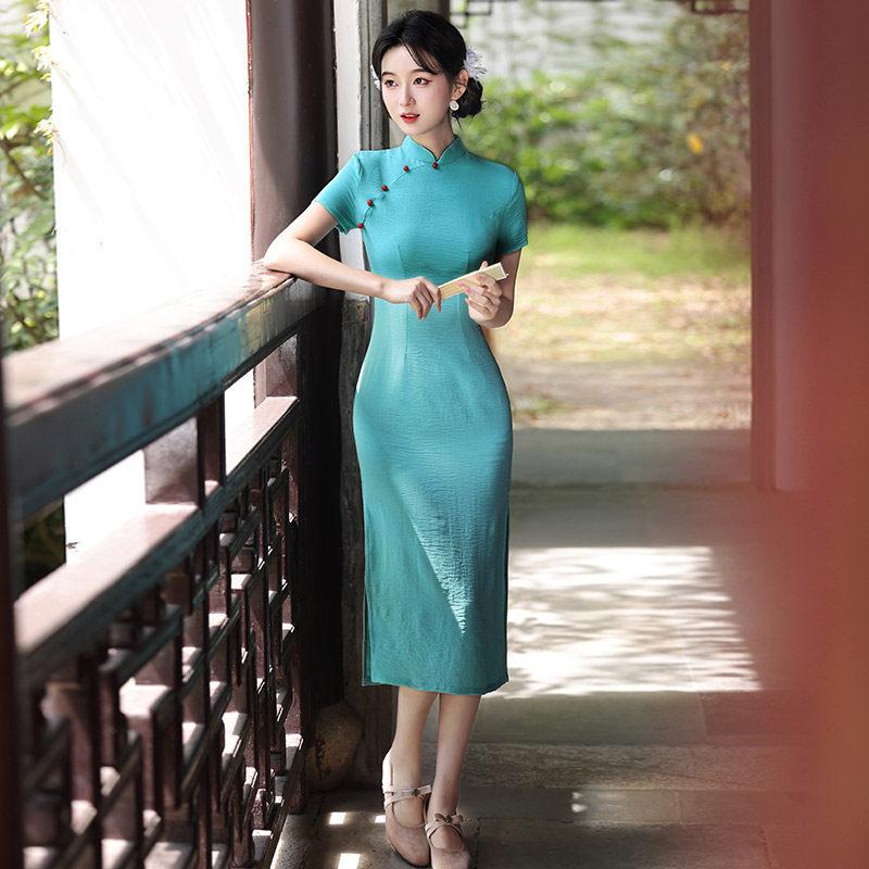 Aqua blue Republic of China style new Chinese Suzhou long cheongsam improved young women's high sense can be worn daily in summer