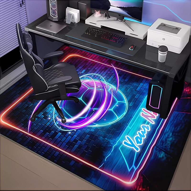 1PC Custom Name Neon Lights Soccer Ball Theme Floor Mat Ideal for Living Room, Game Rooms, Office, Bedroom Floor Mat Playful Design