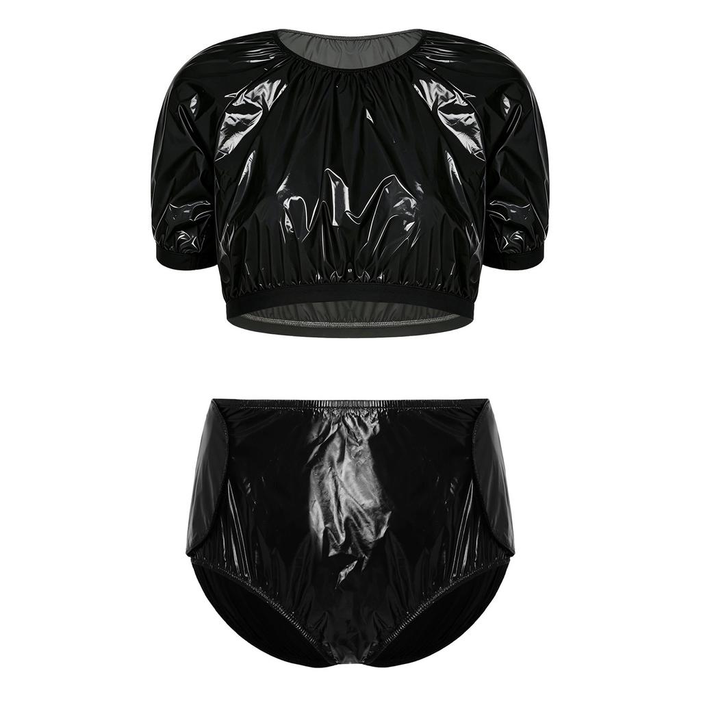 Damen Wasserdicht Vinyl Crop Top Kurzarm Klettverschluss Seiten Windelüberzug Shorts Anpassbares Badeanzug Set