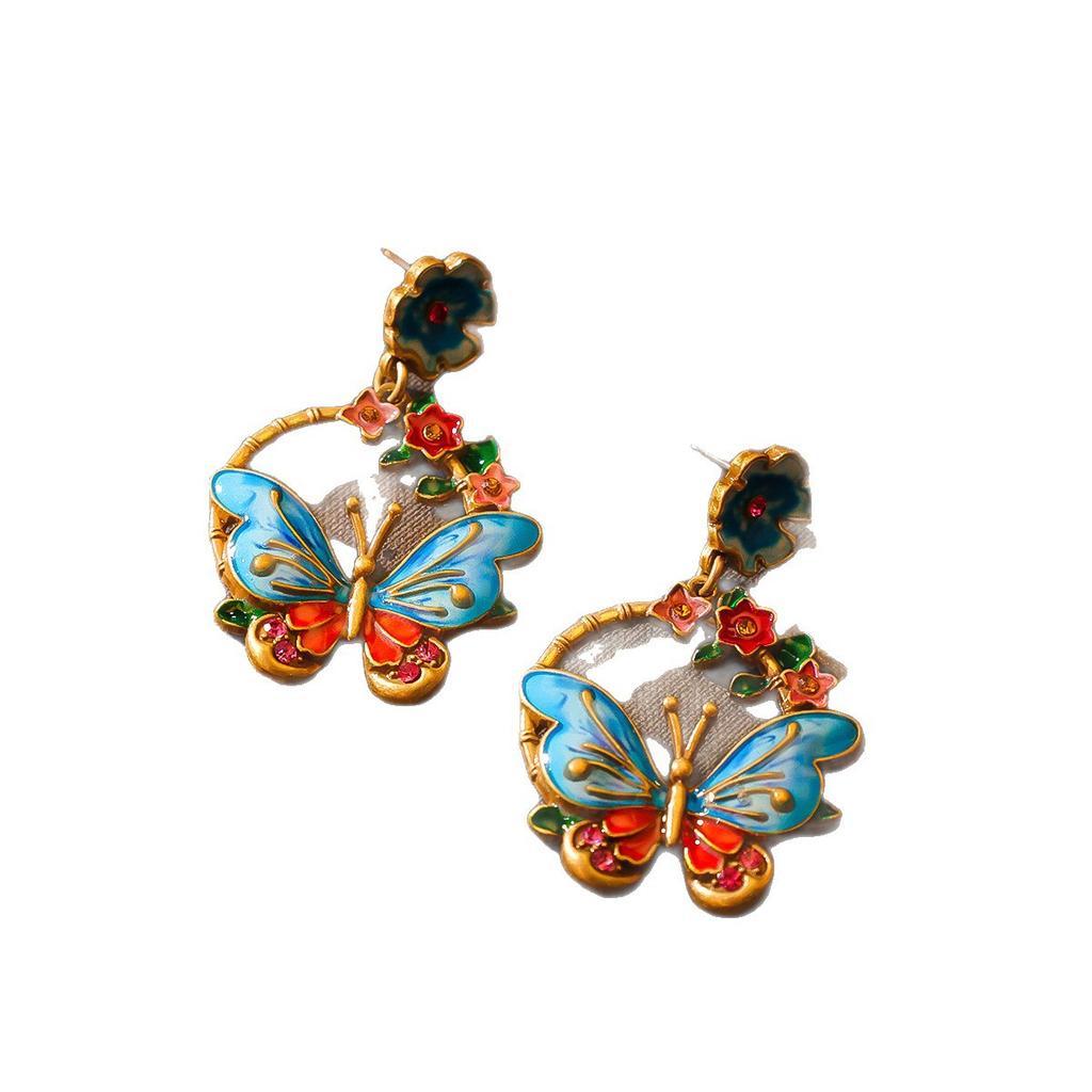 Medieval Palace Butterfly Wreath Earrings French Elegant Temperament Light Luxury High-end Feeling Enamel Oil Painting