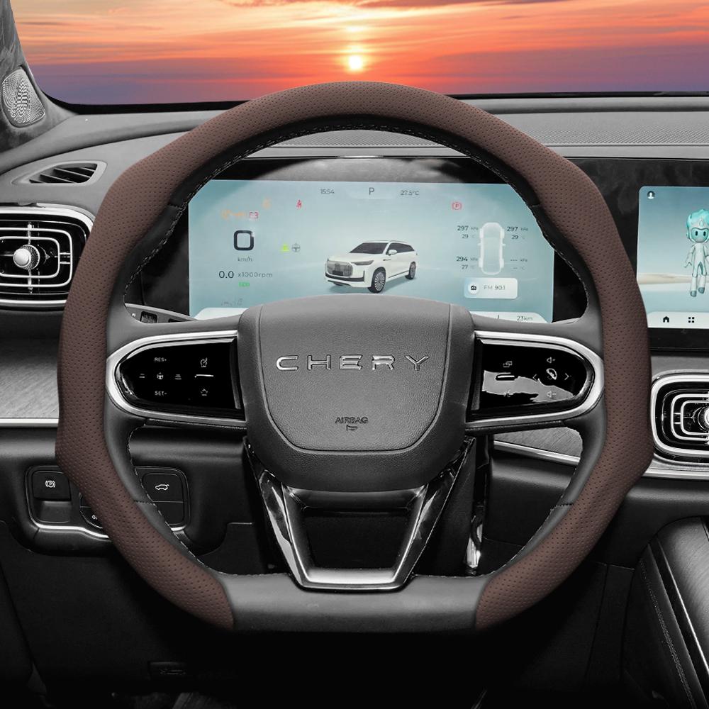 Suitable for Chery Perforated Leather Steering Wheel Cover, Anti-Slip, Sweat-Absorbent, Breathable, Integrated Protective Case for Tiggo 2 3 4 7 8 9