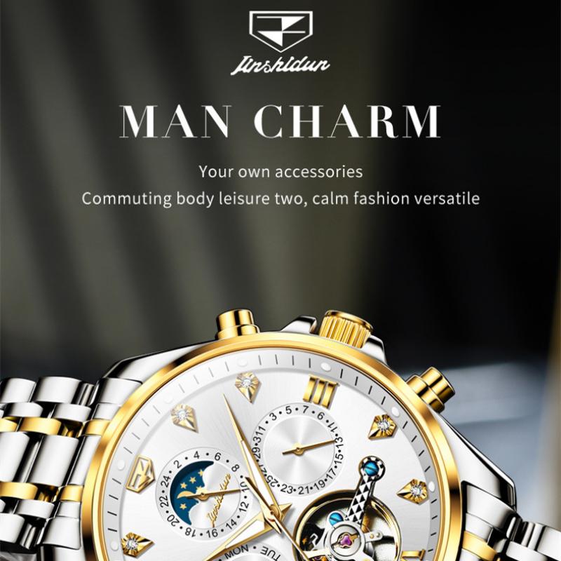 JINSHIDUN Novo Relógio Masculino de Negócios e Lazer Relógio Mecânico Multifuncional de Negócios Luminoso Tourbillon Relógio Masculino de Alta Qualidade