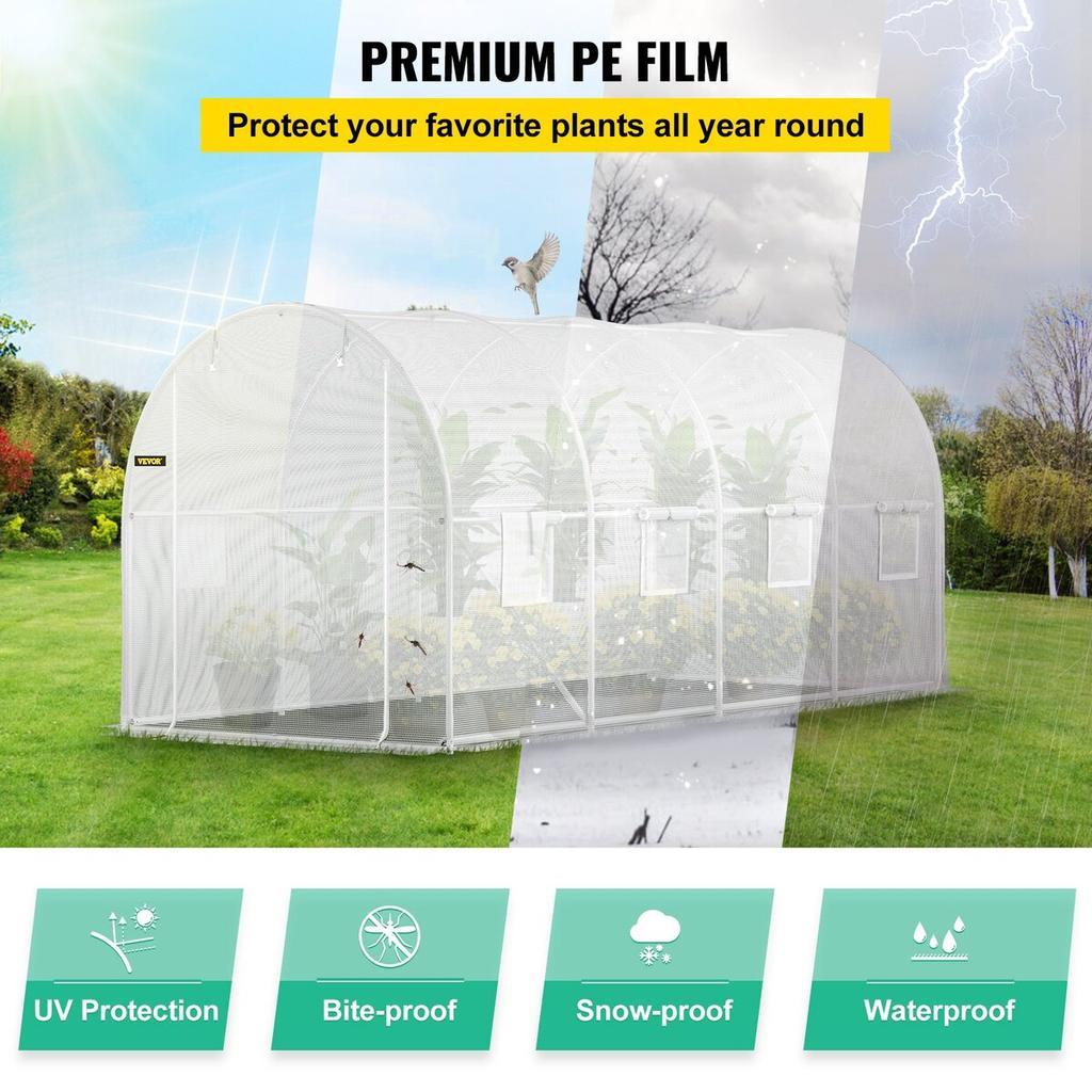 Walk-in Tunnel Greenhouse, 15 X 6.5 X 7 Ft Portable Plant Hot House W/ Galvanized Steel Hoops, 1 Top Beam, 2 X Diagonal Poles, 2 Zippered Doors & 8