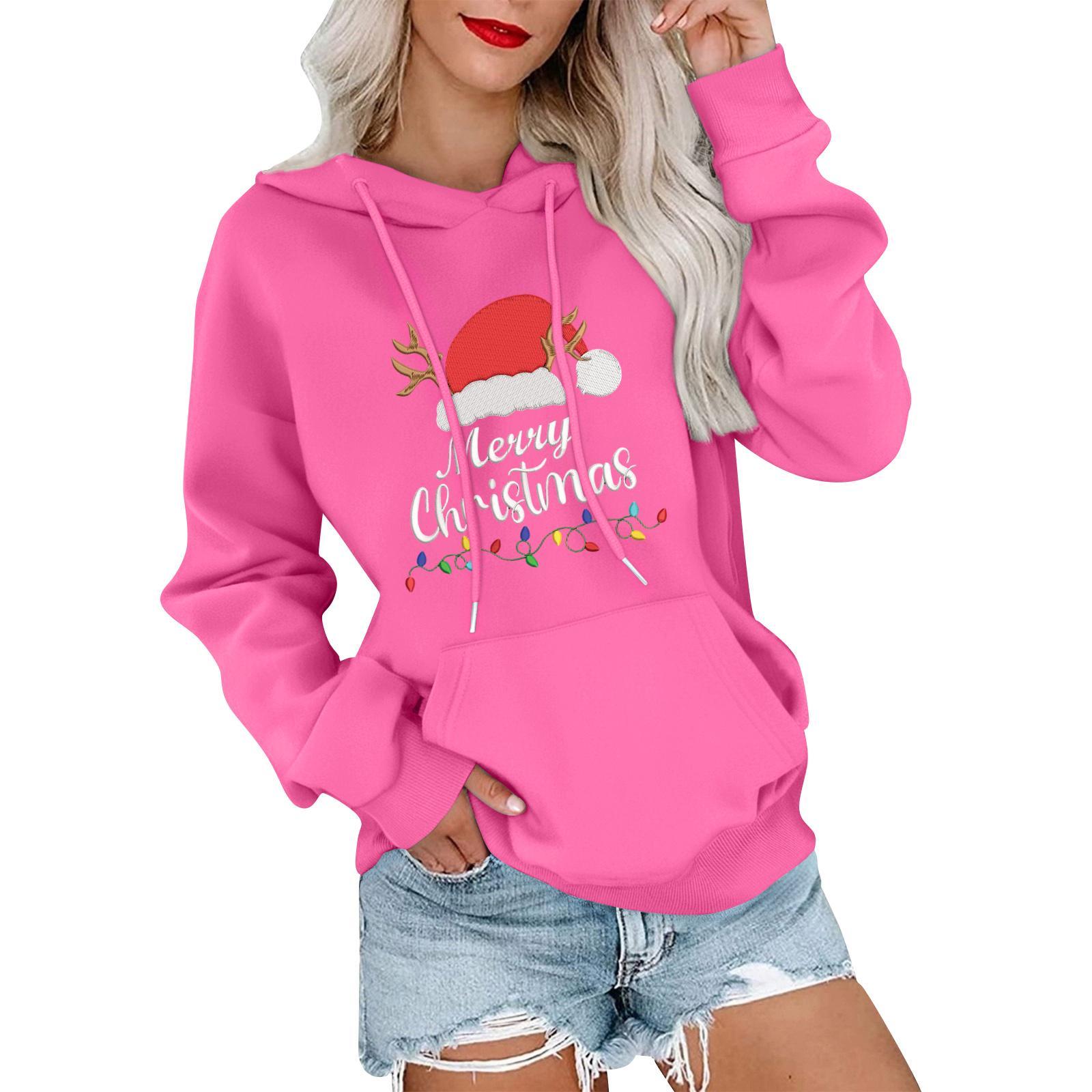 

Женский повседневный удобный свитшот с капюшоном, длинным рукавом и рождественским принтом M