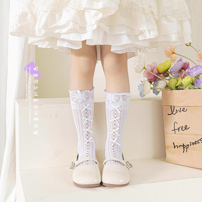 Children's Socks Summer Lolita Wooden Ear Mesh Ribbon Large Bow Mid-tube Socks for Girls