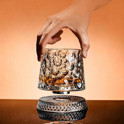 Rotatable Whiskey Glass with Base, Embossed Spinning Tumbler for Bar & Home