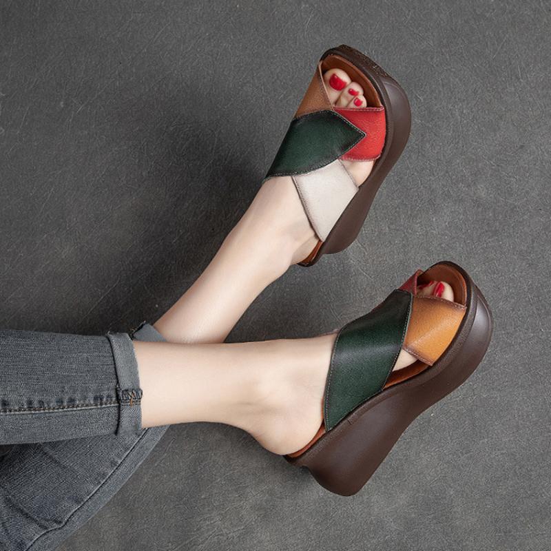 Johnature Retro Women Peep Toe Wedges Slippers Genuine Leather Thick Sole Slides Fashion Platform Shoes